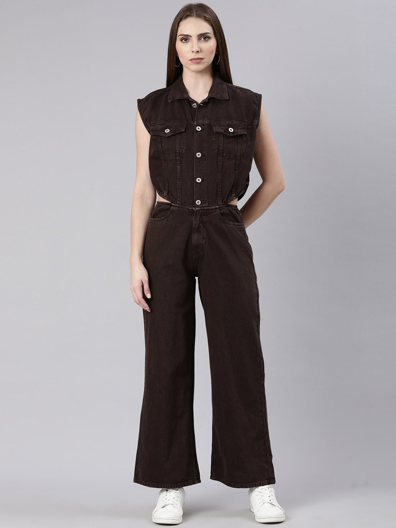 SHOWOFF Brown Denim Maxi Jumpsuit