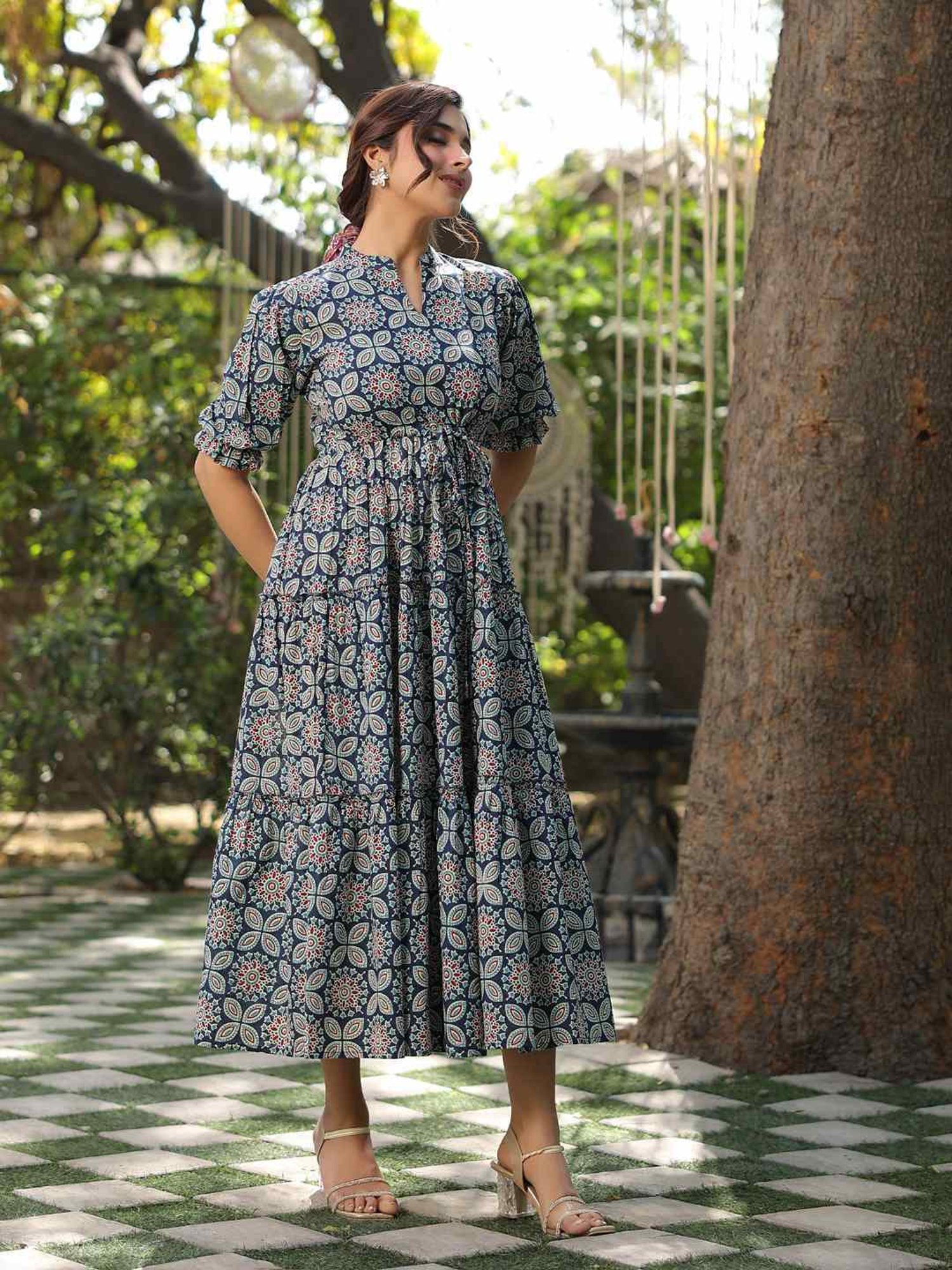 Rain and Rainbow Blue Cotton Printed A-Line Dress