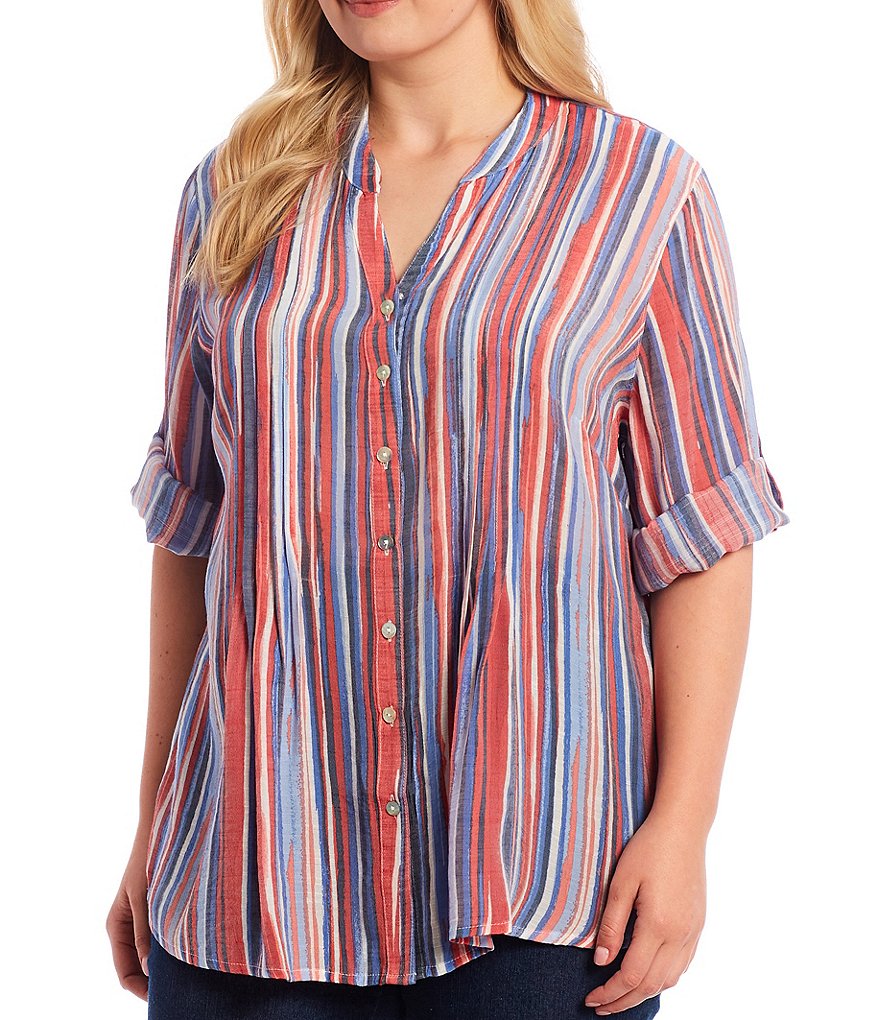 Democracy Plus Size Floral Print 3/4 Puff Sleeve V-Neck Knit Top