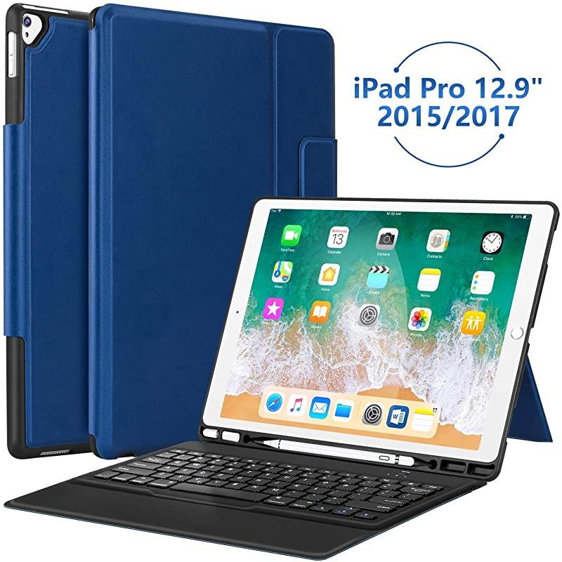 Pro 129 Case with Keyboard Compatible for Pro 129 20152017 UltraThin PU Leather Silicon Rugged Shock Keyboard Stand Case with Pencil Holder Not Fit for 2018 New ipadBlue