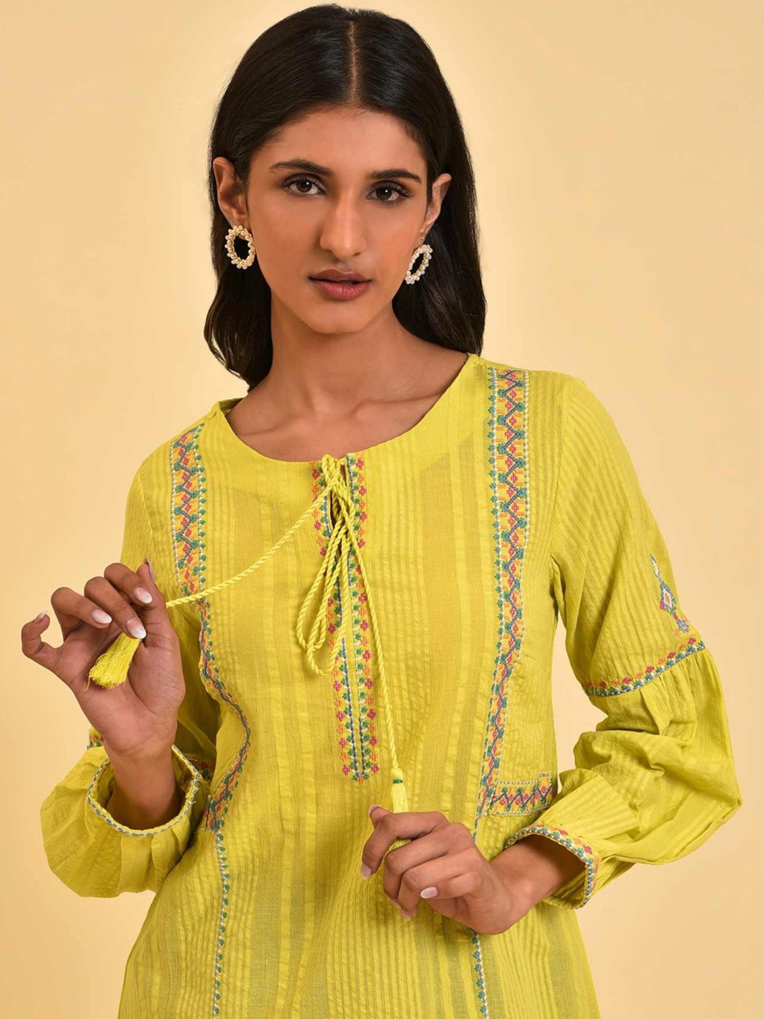 W Yellow Cotton Embroidered Top