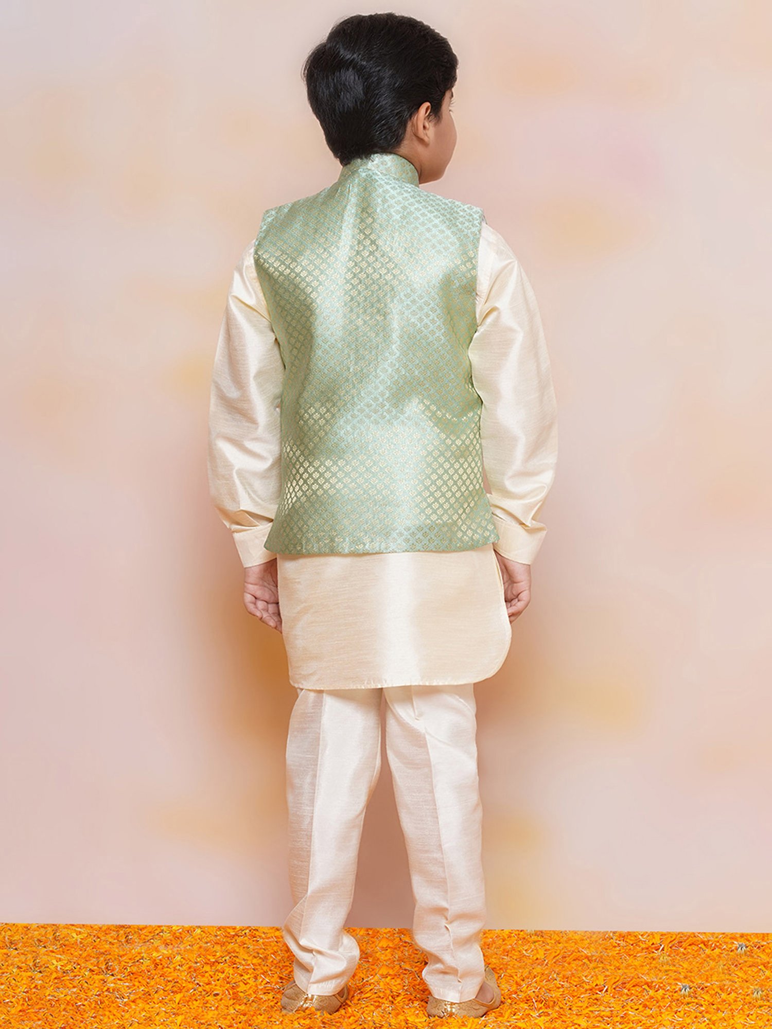 AJ Dezines Kids Green & White Printed Full Sleeves Kurta, Pyjamas with Waistcoat