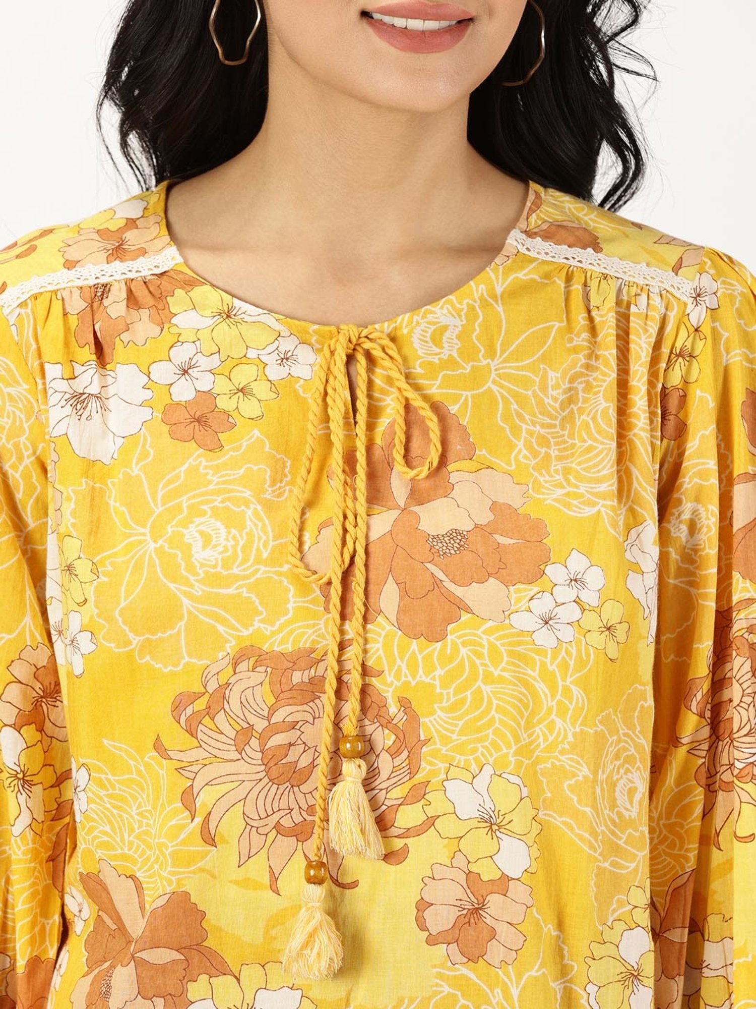 Saffron Threads Yellow Cotton Floral Print Ethnic Dress