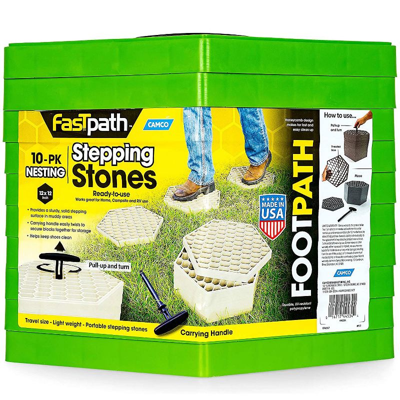 Camco 44533 FastPath Garden or Camping Portable Plastic Walkway Hexagon Stepping Stones, Green (10 Pack)