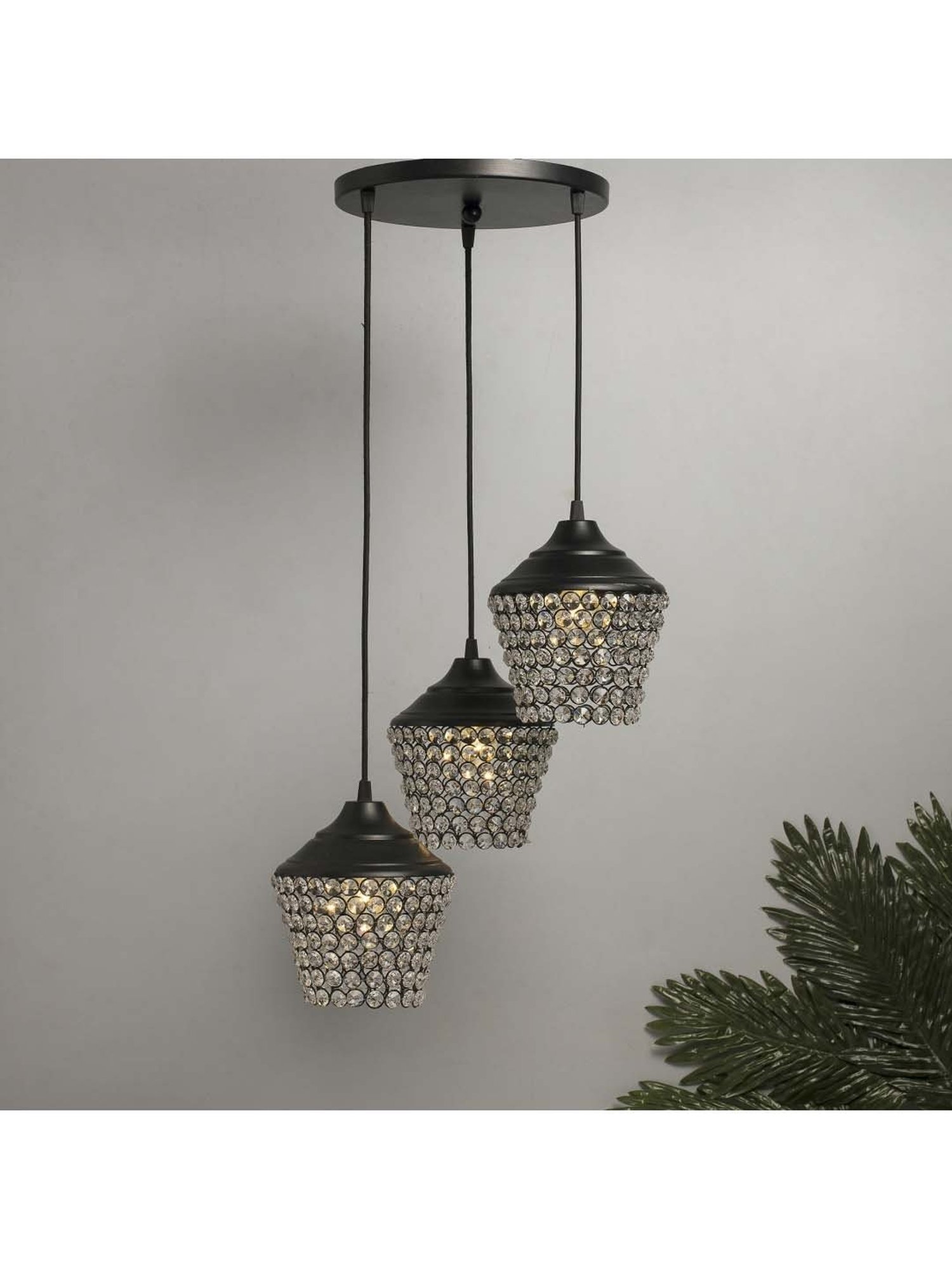 Homesake 3-Lights Round Cluster Black Metal Crystal Lantern Pendant Light - Set of 1