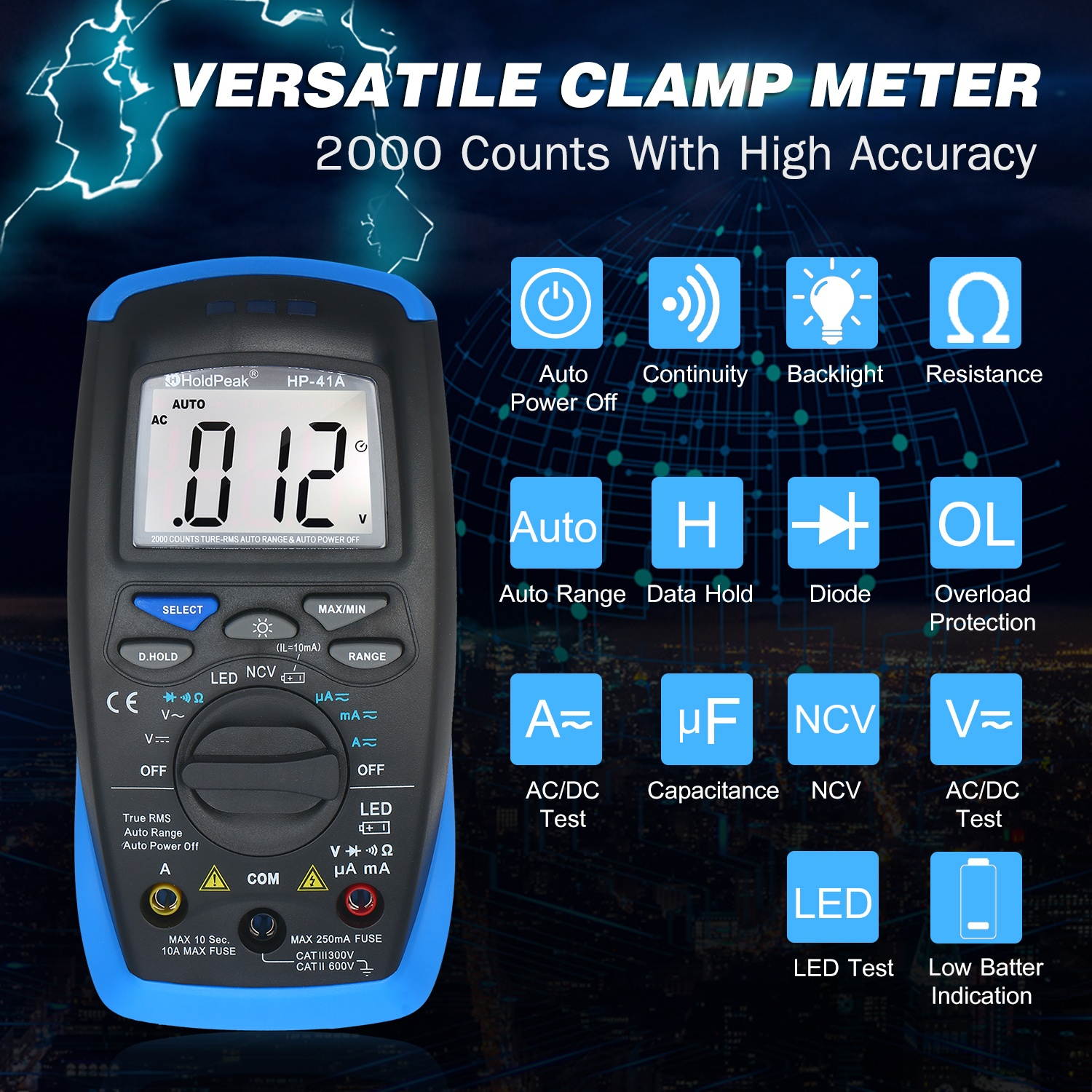 Holdpeak Digital Multimeter TRMS 2000 Counts LCD Auto Ranging AC/DC Amp Volt Ohm Diode Continuity Voltmeter with NCV Live Line Battery Level Tester  with LED Indicator Auto Power Off