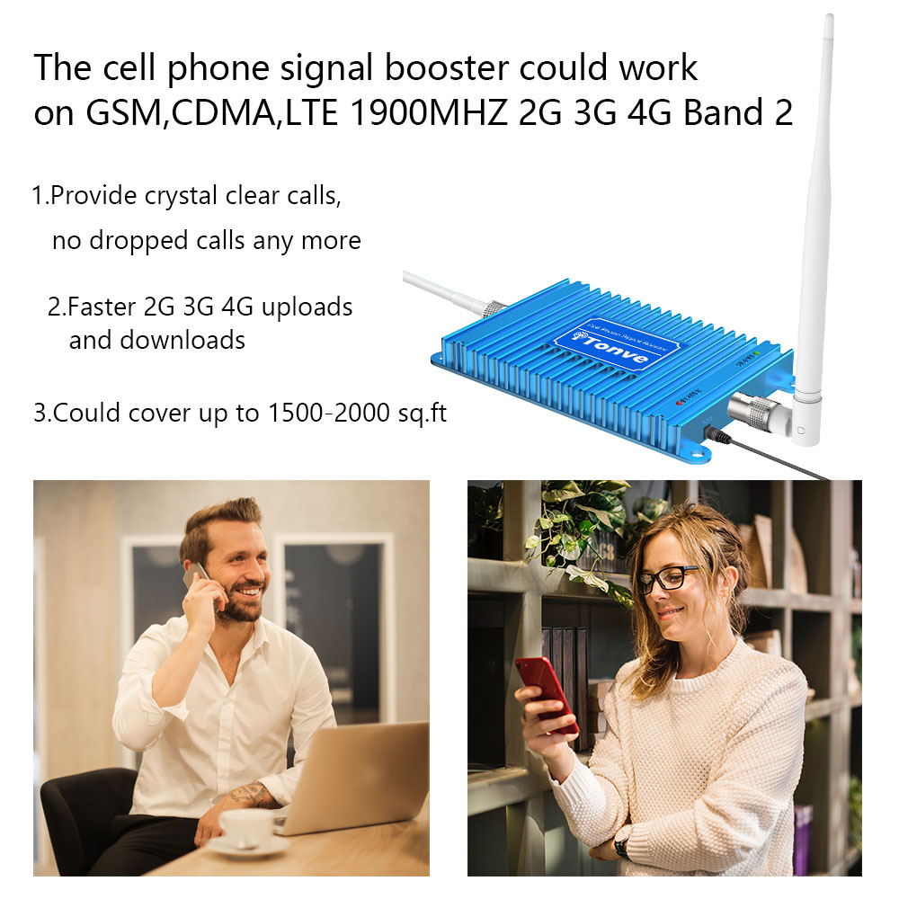 Cell Phone Signal Booster for Home and Office - Band2 1900MHz Mobile Cellular Repeater Boosts 2G 3G 4G Data and Volte for Multiple Users Up to 2,000Sq Ft. with High Gain Whip/Yagi Antennas