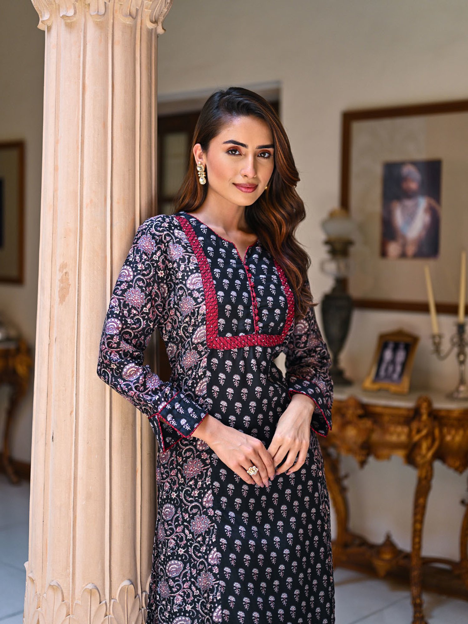 Mahee Jaipur Black and Red Panel Block Print Pure Muslin Kurta Set