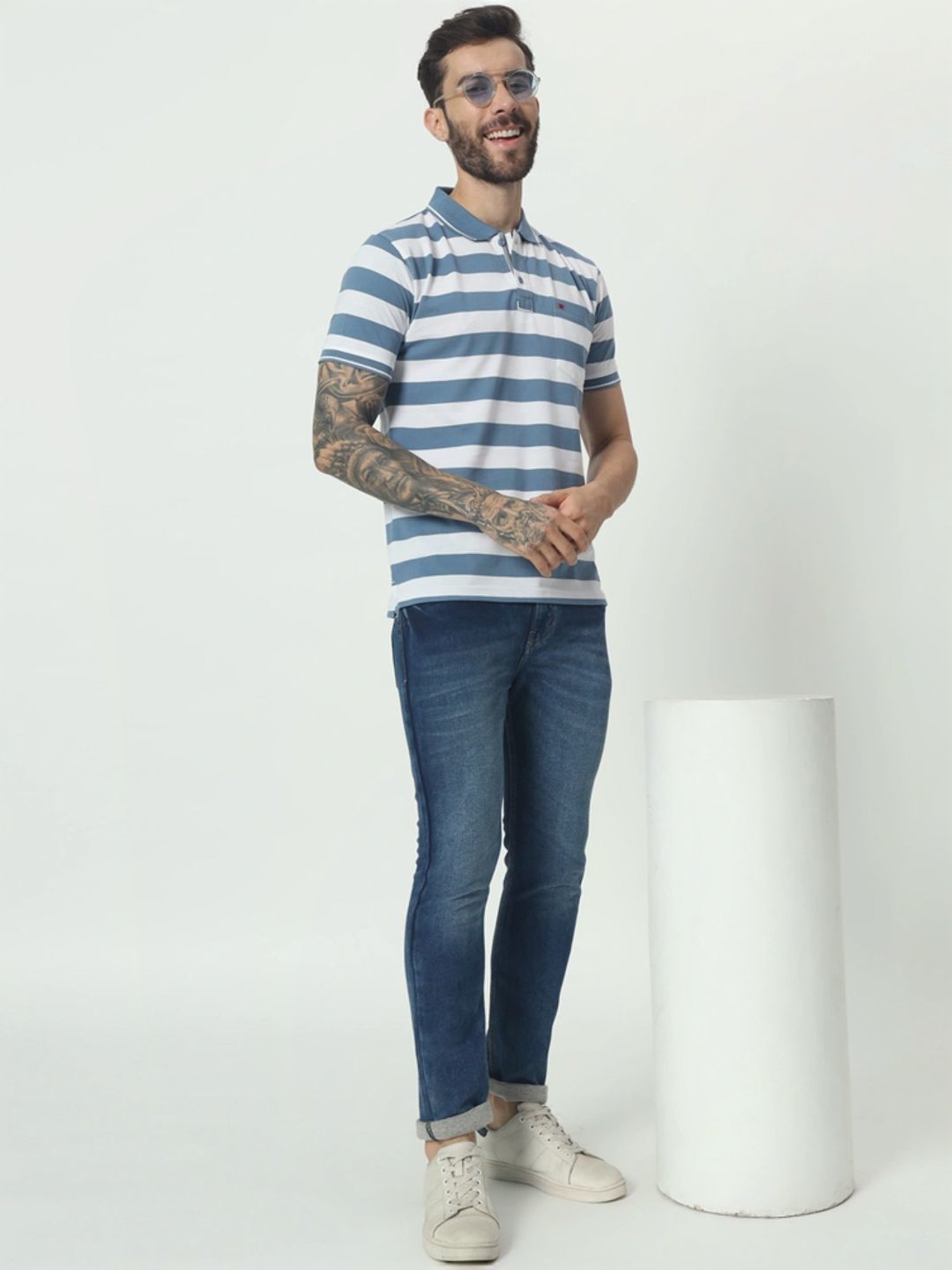 Tab91 Blue Regular Fit Striped Polo T-Shirts