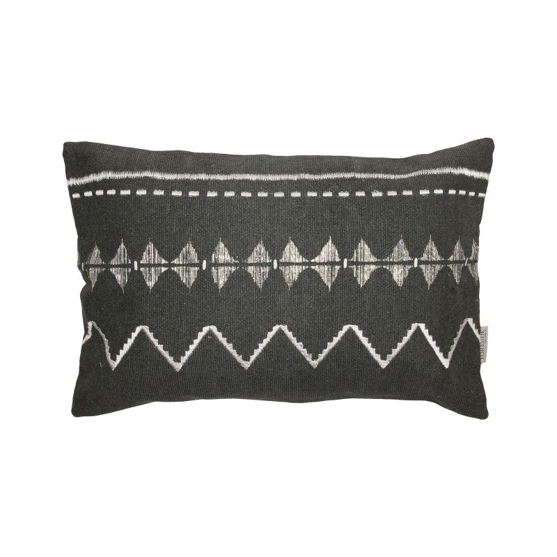 Gray Hand Woven 14 x 22 inch Decorative Cotton Throw Pillow Cover With Insert and Hand Embroidered Pattern - Foreside Home & Garden