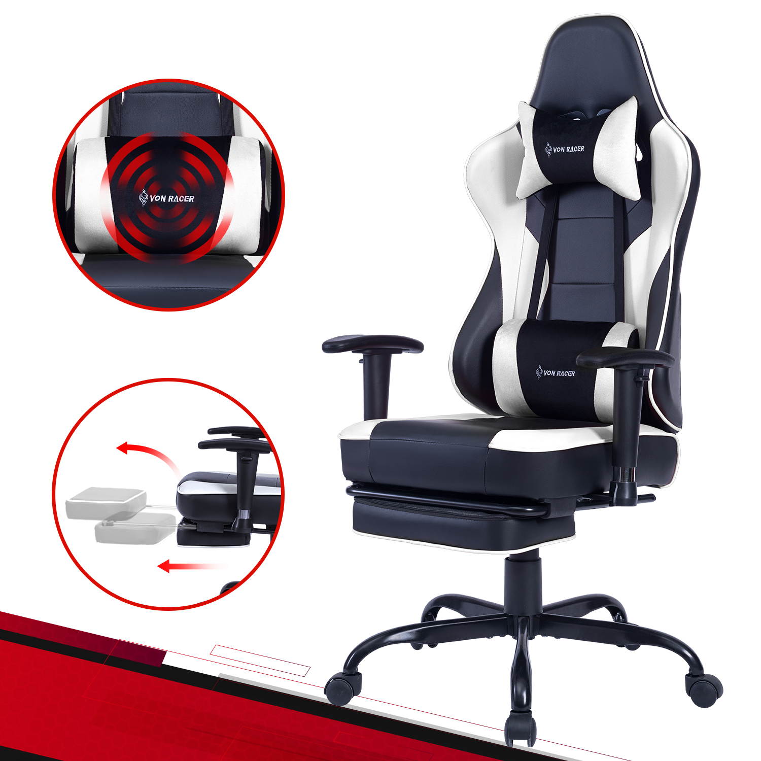 VON RACER Massage Gaming Chair - High Back Racing PC Computer Desk Office Chair Swivel Ergonomic Executive Leather Chair with Footrest and Adjustable Armrests(Grey)