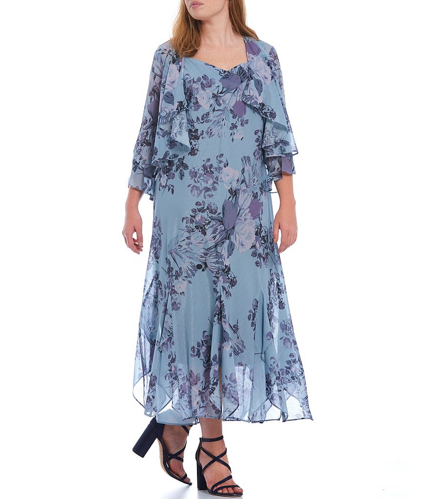 R & M Richards Plus Size V-Neck 3/4 Sleeve Watercolor Printed Chiffon 2-Piece Jacket Dress