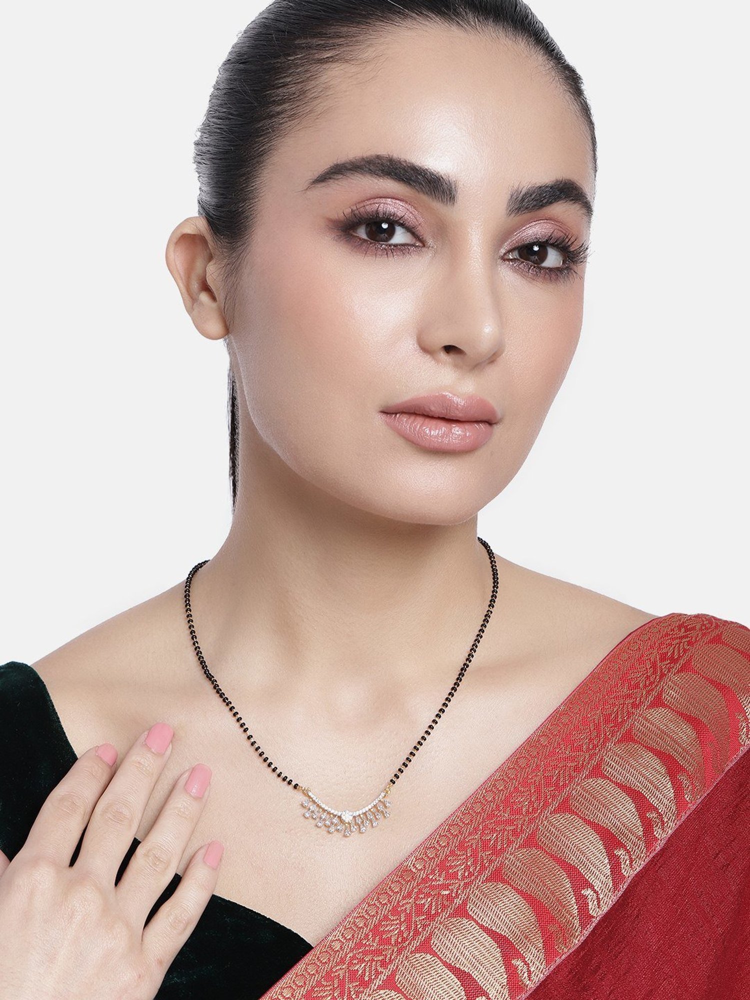 Abdesigns Gold-Plated American Diamond & Black Beaded Mangalsutra