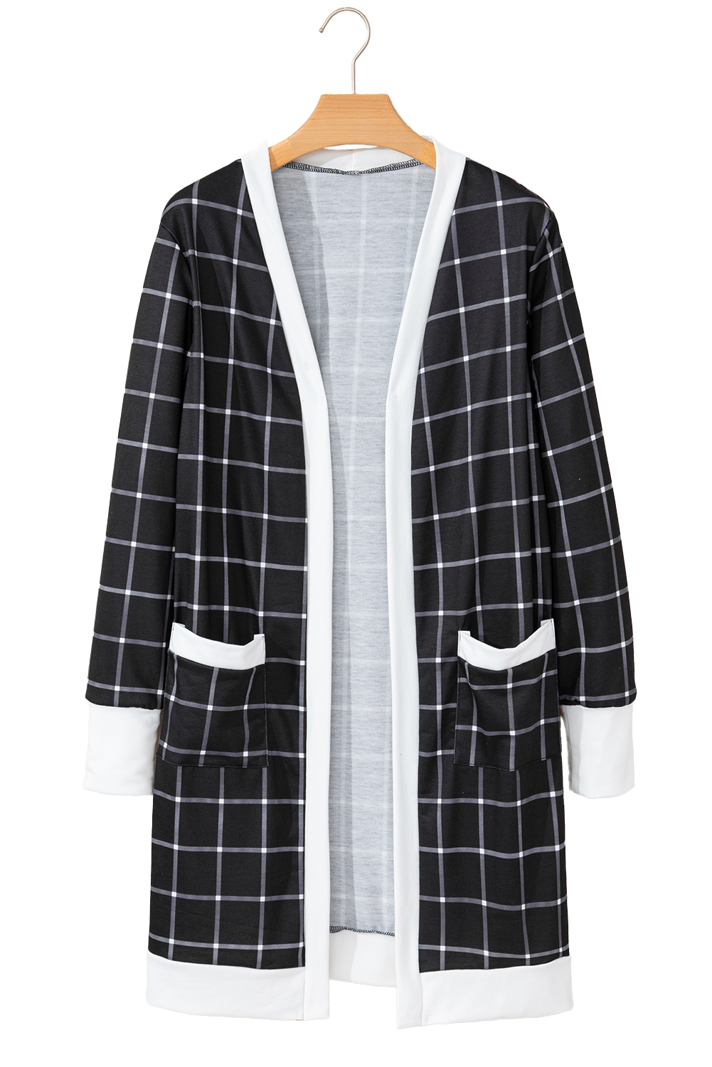 Black Plaid Casual Contrast Trim Knit Cardigan
