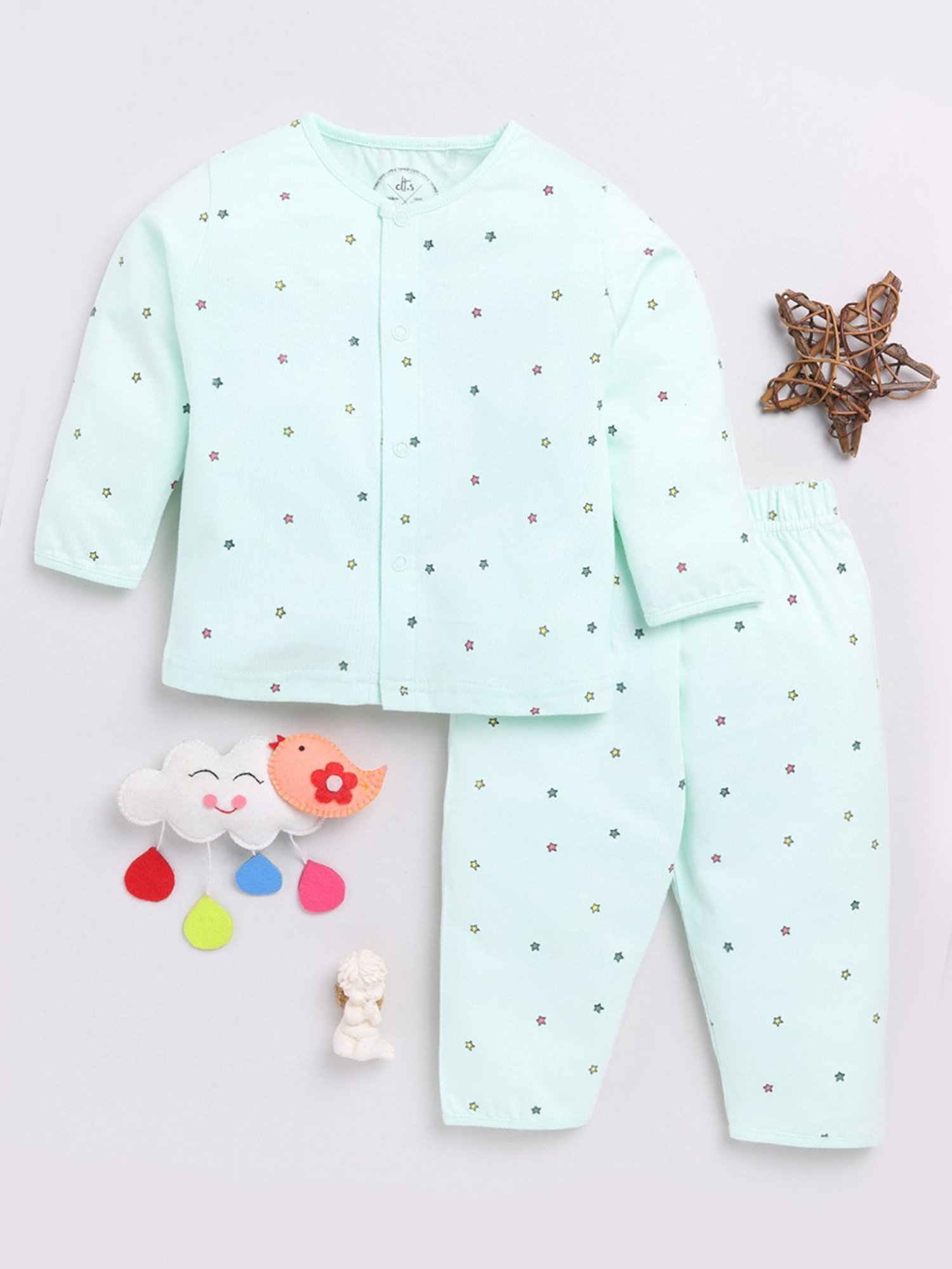 Clt.s Unisex Mint Green Printed Full Sleeves Shirt With Pyjamas