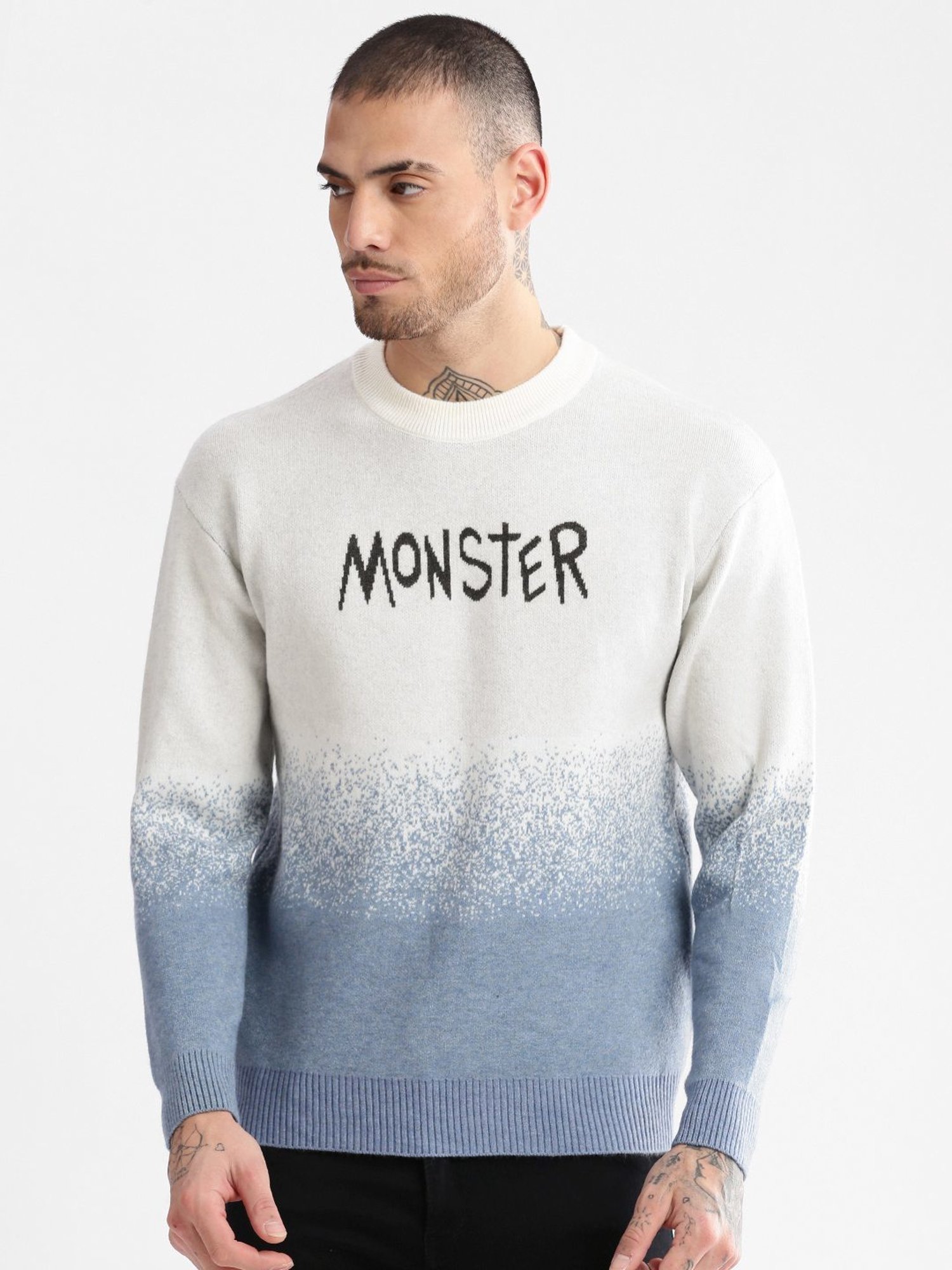 Showoff Blue Slim Fit Self Pattern Sweater