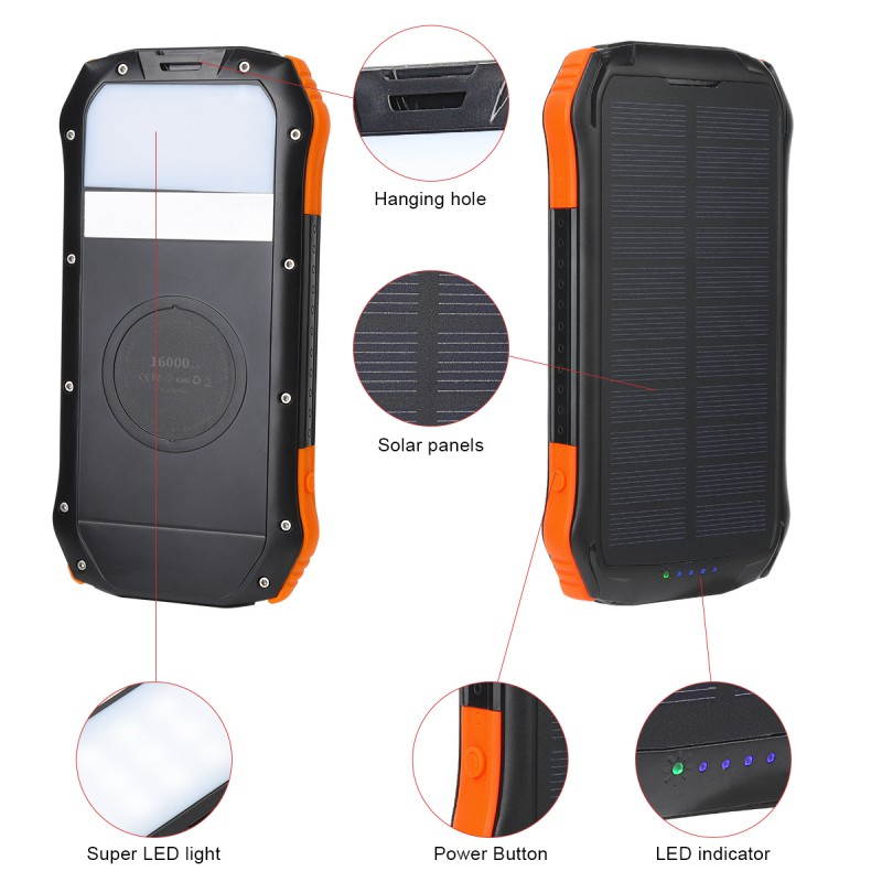 Solar Power Bank, PowerCore Solar 16000 Dual-Port Solar Charger with Flashlight, IP65 Splashproof, Dustproof for Camping/Outdoor Activities, Compatible with iPhone, Samsung Smartphones.