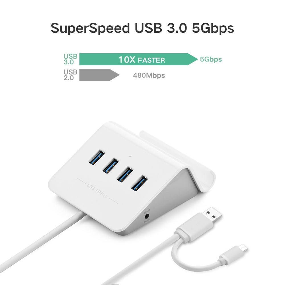 4 Port USB 3.0 OTG Data Hub Adapter with Micro USB 2.0 On-The-Go Function Built-in 3.3ft Cable and Phone Stand for Samsung Galaxy S7 S6 S6 Edge S5 S4 and More OTG Phones Tablets, PC or Mac