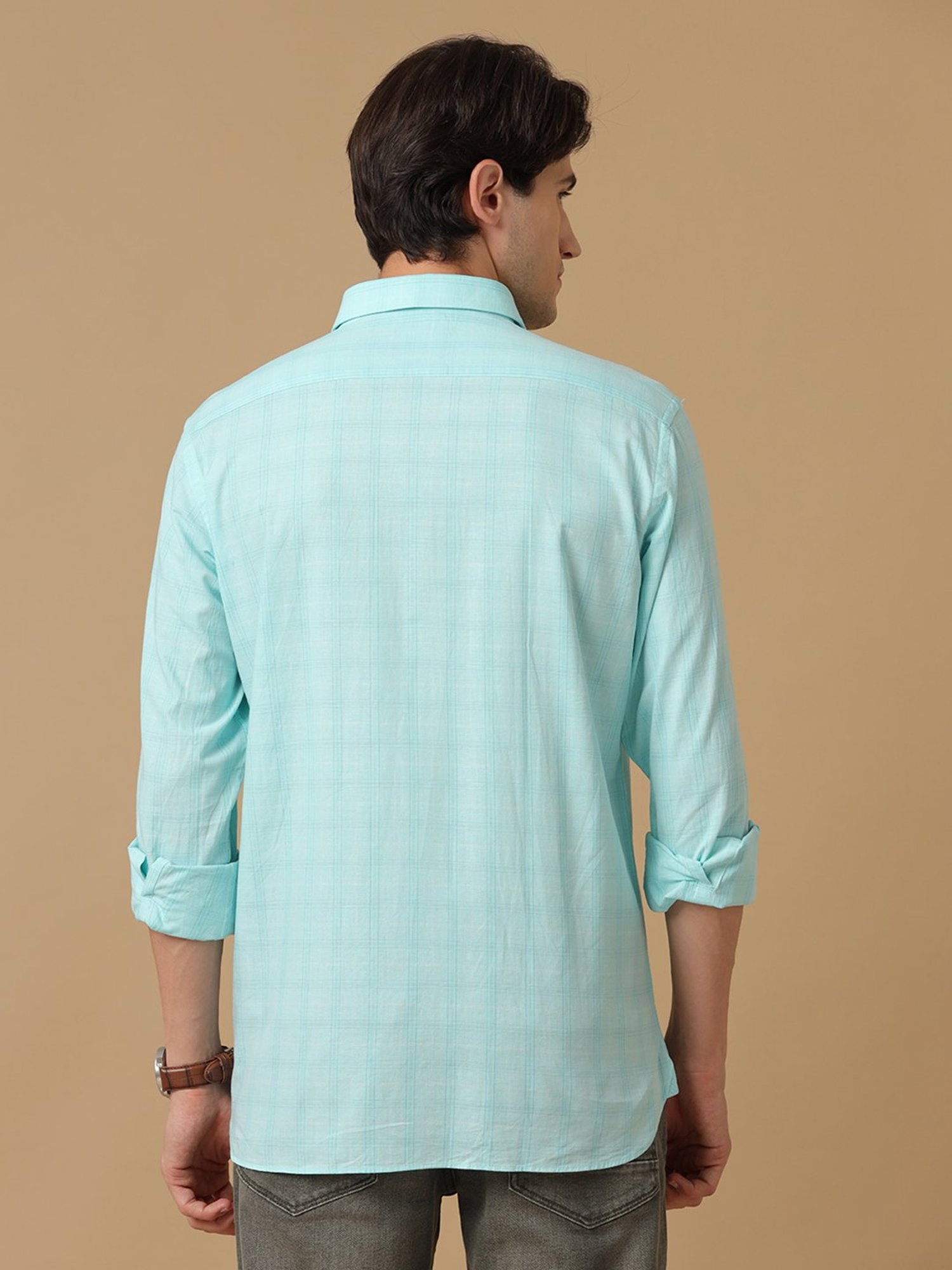 CAVALLO by Linen Club Turquoise Contemporary Fit Check Shirt
