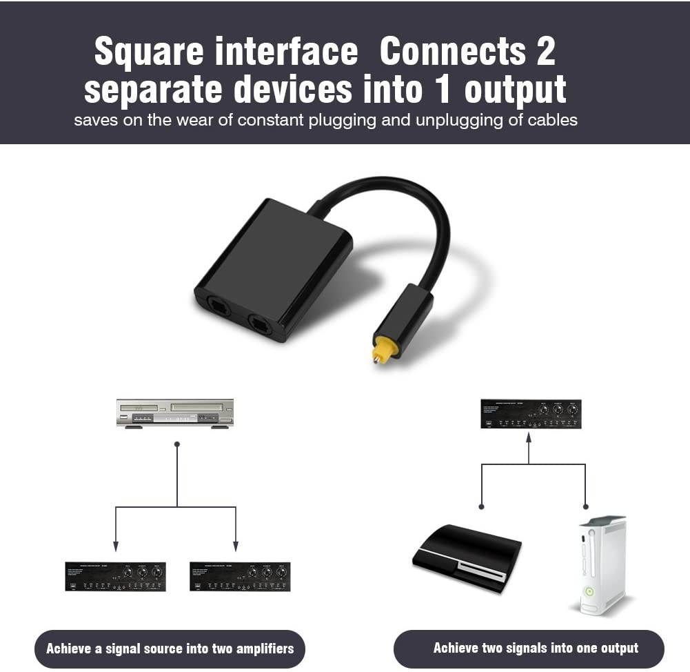 Dual Port Optical Audio Adapter Digital Toslink Splitter Fiber Cable Adapter 1 in 2 Out with 250M/S Transmission for CD Player DVD Player(Black)