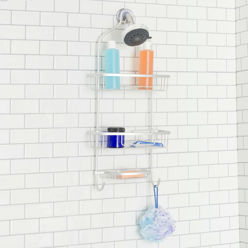 Home BasicsRust-Resistant 2 Tier Aluminum Shower Caddy with Built-in Hooks , and Soap Tray, Grey