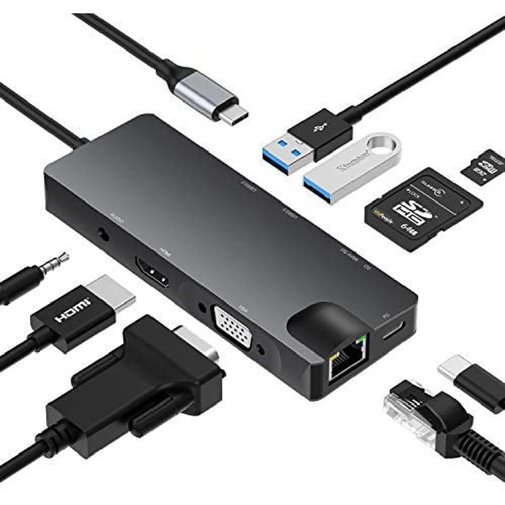 Computer USB converter 9 in 1 hub, USB-C port & 4K HDMI Port & Aluminum 2 Ports USB 3.0 Hub & 1 Audio Jack & 1 RJ45 Ethernet port up to 1000M & 1 VGA 1080P  2K@60HZ & 1 SD  & 1 TF Card Reader