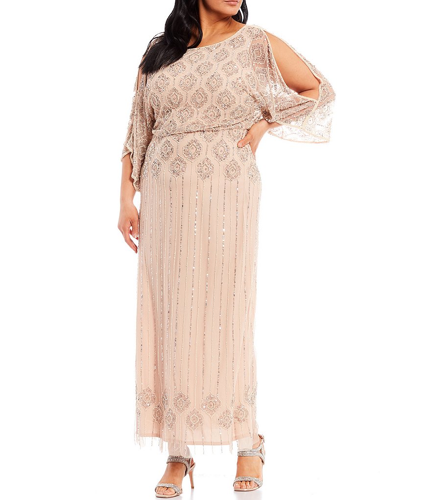 Pisarro Nights Plus Size 3/4 Cold Shoulder Boat Neck Beaded Blouson Gown