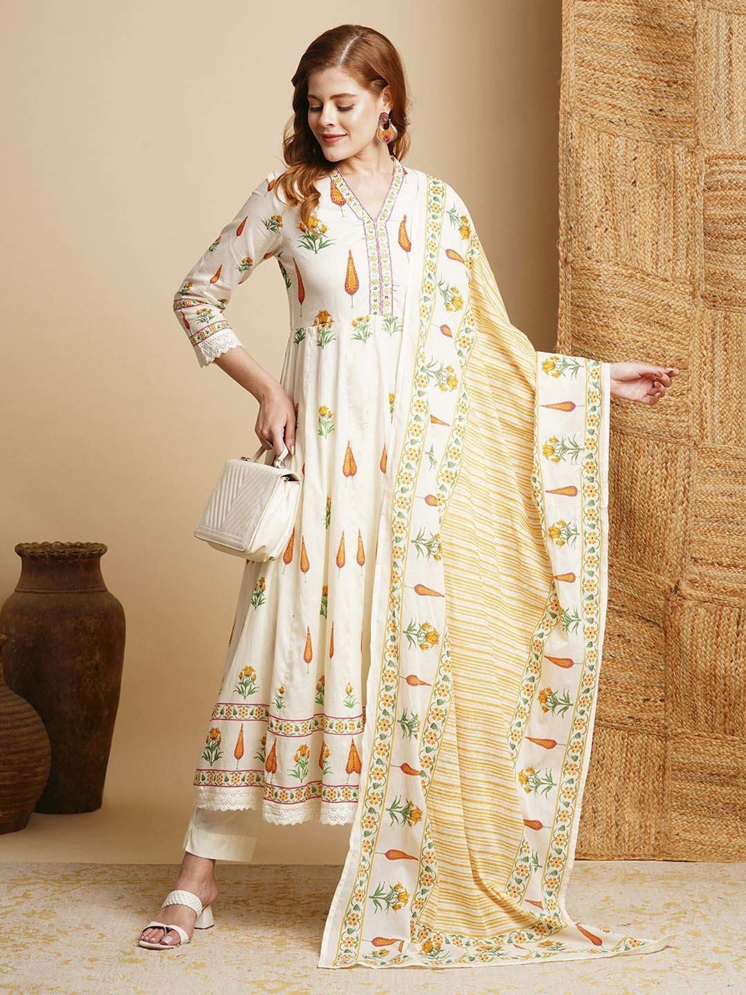 Fashor White Cotton Printed Kurta & Pant Set With Dupatta