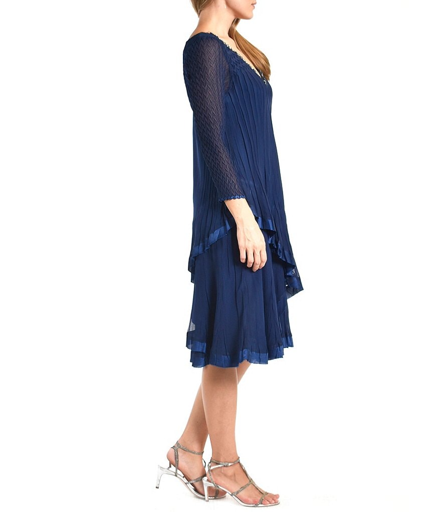 Komarov V-Neck 3/4 Sleeve Ombre Chiffon Ruffle Midi Dress