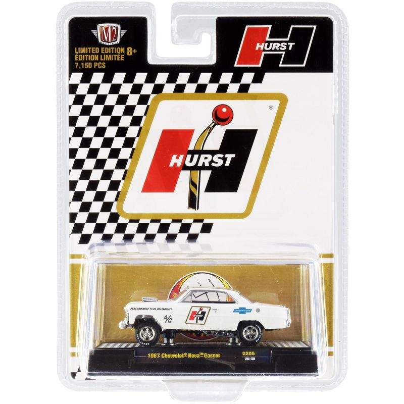1967 Chevrolet Nova Gasser "Hurst" Pearl White w/Gold Stripes Limited Edition to 7150 pcs 1/64 Diecast Model Car by M2 Machines