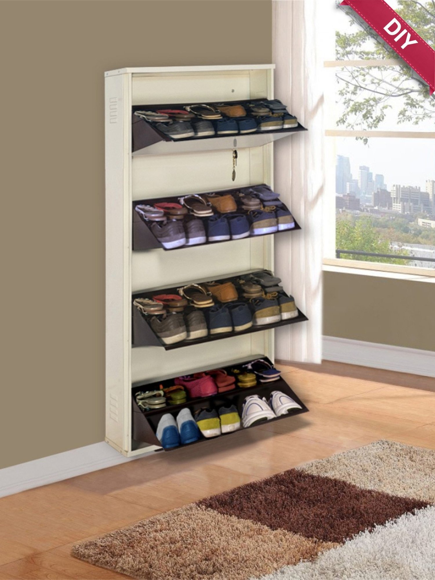 Delite Kom Metal Shoe Rack - 24" 8 Shelf, Double Decker, Ivory Coffee, PowderCoat, Wall Mount, DIY