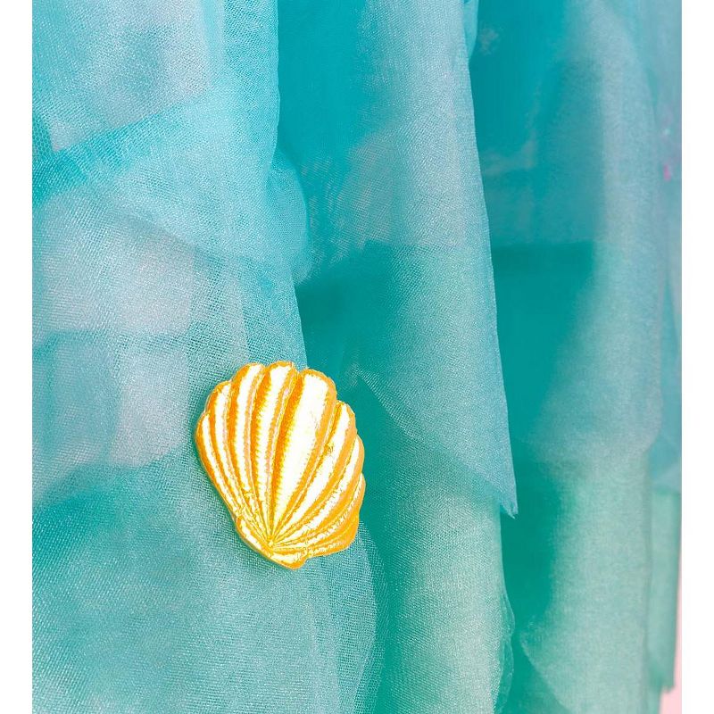 HearthSong Mermaid Blue Scalloped Gauze Canopy with LED Lights and Decorative Appliqu'e Shells and Starfish