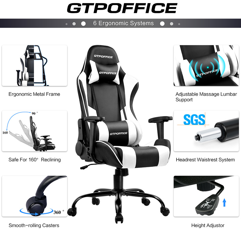 GTRACING Gaming Chair Massage Office Computer GTPOFFICE Series Racing Chair for Adult Reclining Adjustable Swivel Leather Chair High Back Desk Chair Headrest and Massage Lumbar Support Cushion