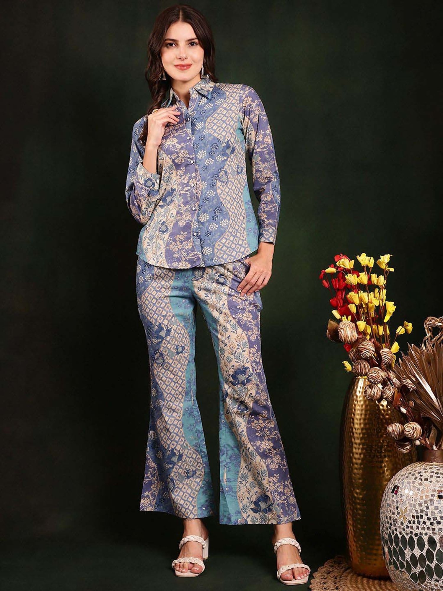 Claura Blue Cotton Printed Shirt Pant Set