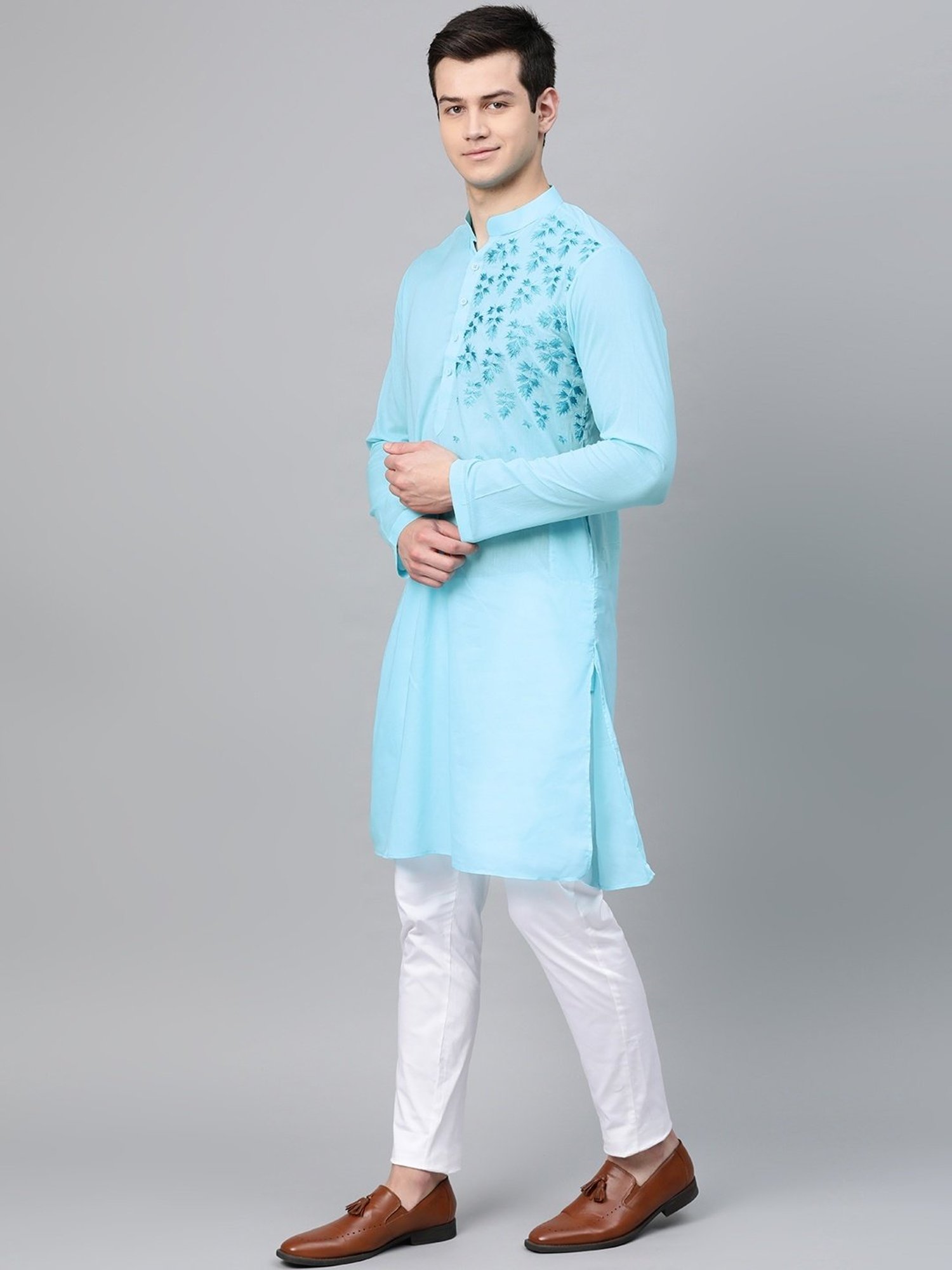 See Designs Turquoise Blue & White Cotton Regular Fit Embroidered Kurta Bottom Set