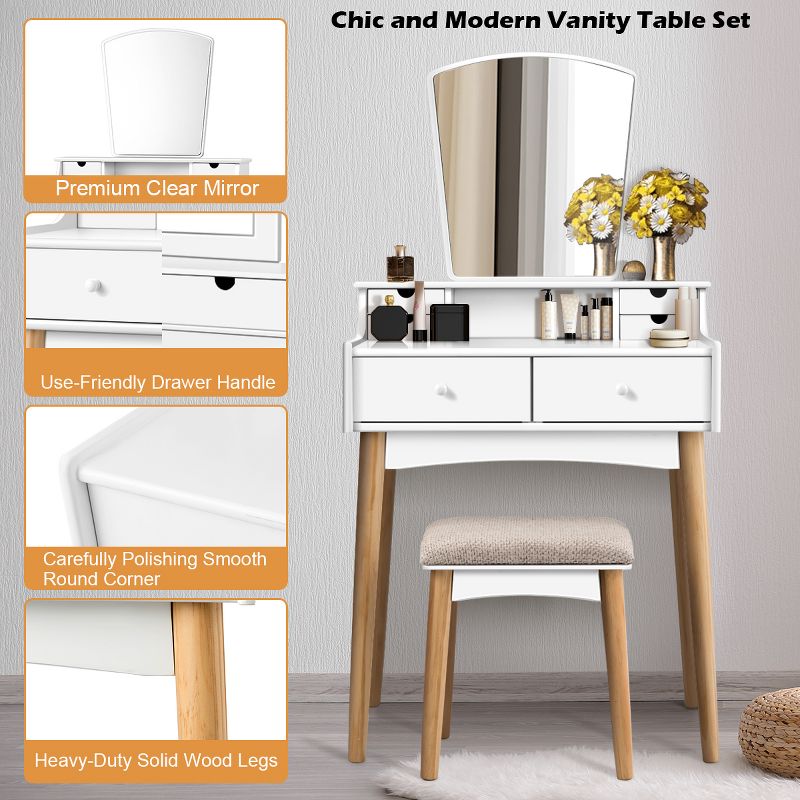 Costway Vanity Table 6 Dressing Table Cushioned Stool Makeup Table
