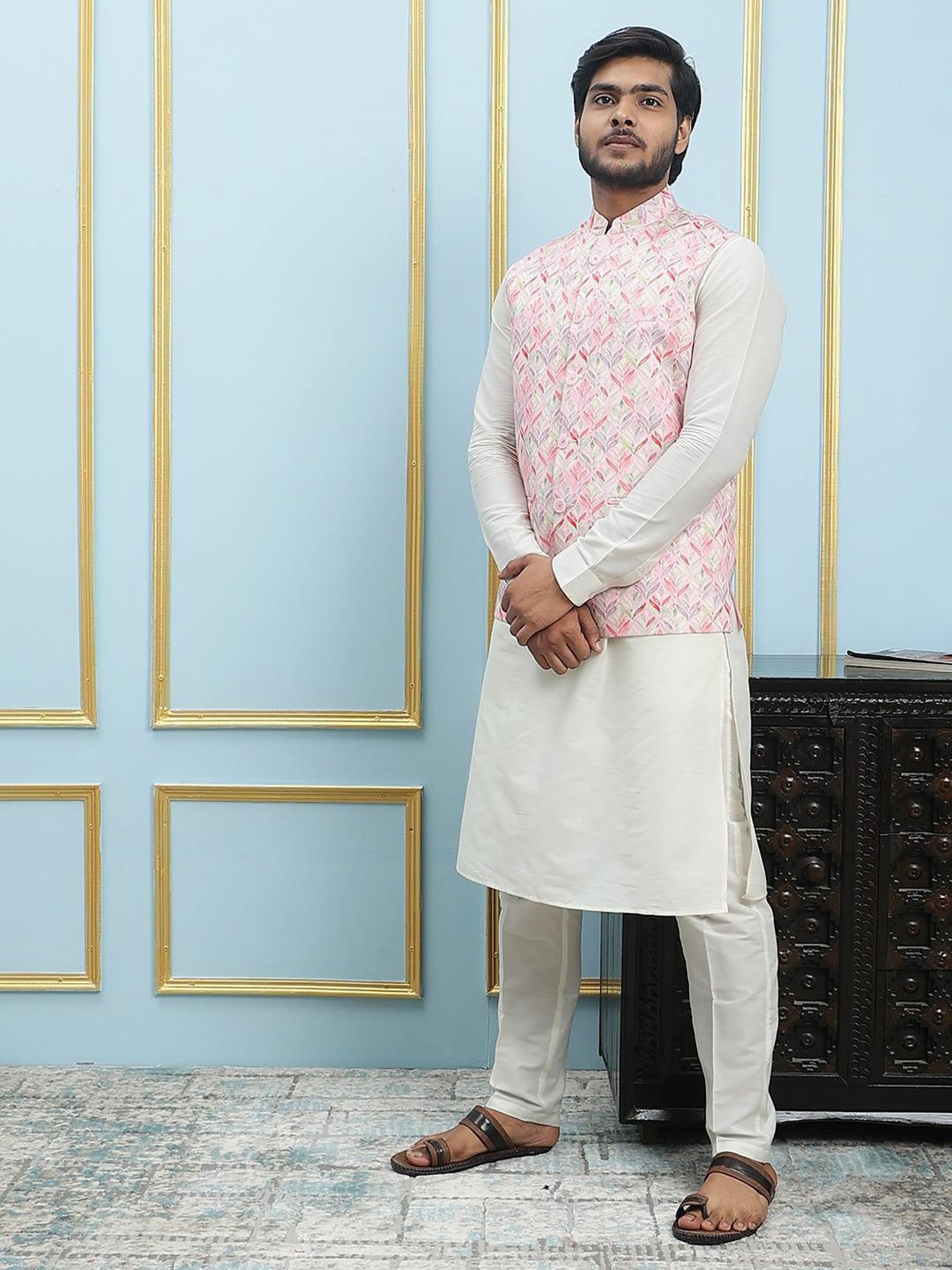 See Designs Pink Slim Fit Printed Nehru Jacket