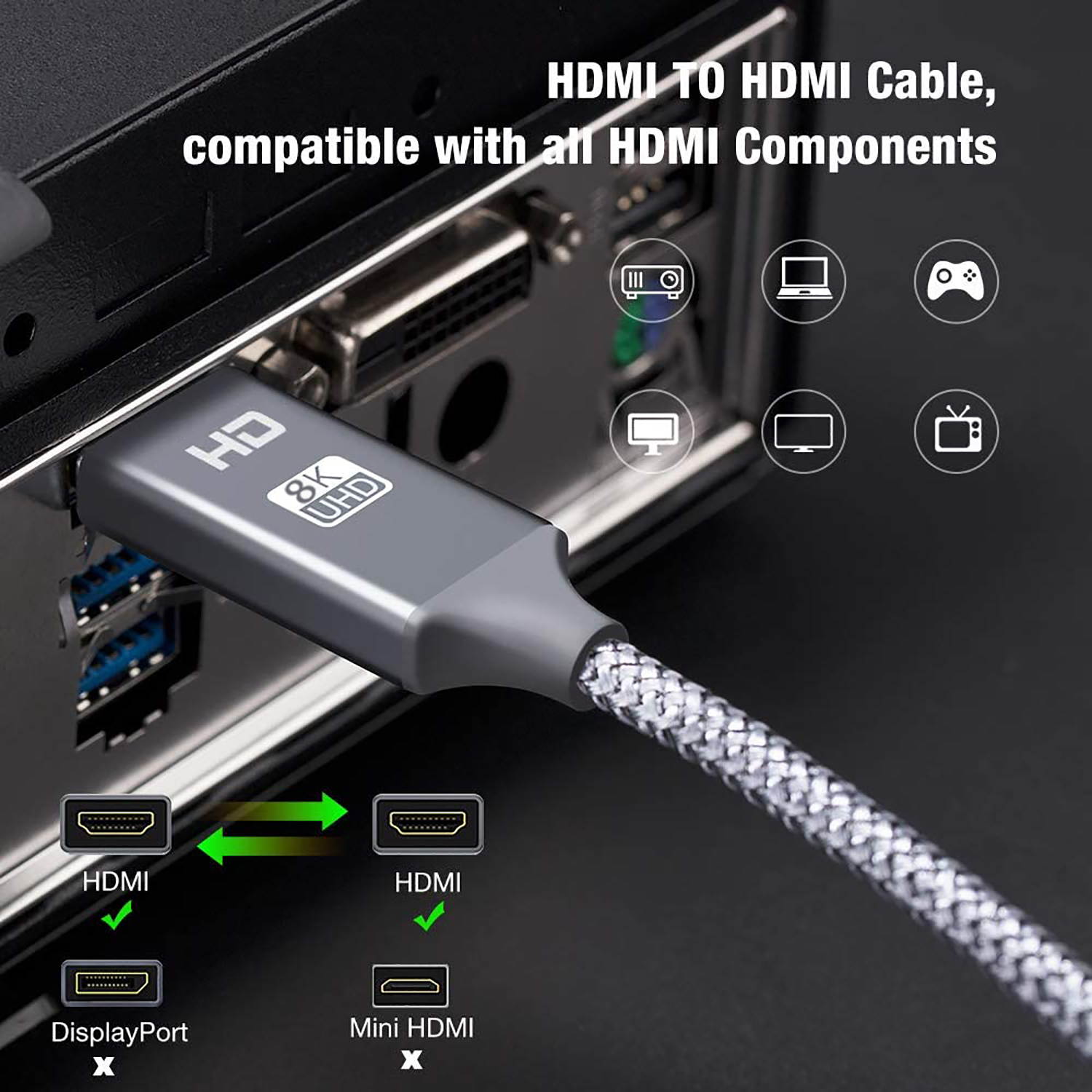 8K HDMI Cable ,6FT 48Gbps Ultra High Speed HDMI Cord,Compatible with Apple TV,Roku,Samsung QLED,Sony LG,Nintendo Switch,Playstation,PS5,PS4,Xbox One Series X,Ultra HD HDMI 2.1 Cable