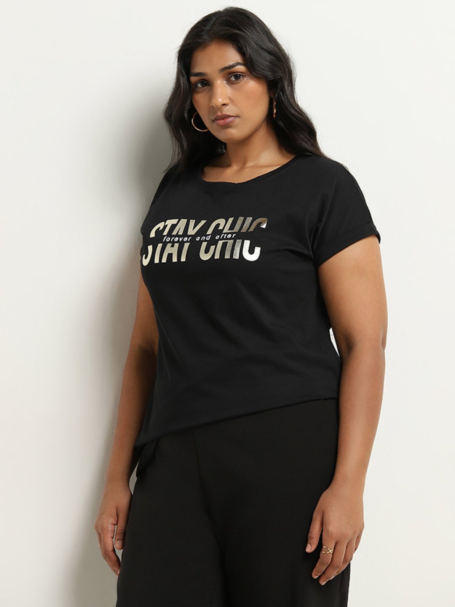 Gia by Westside Black Text Printed Cotton T-Shirt