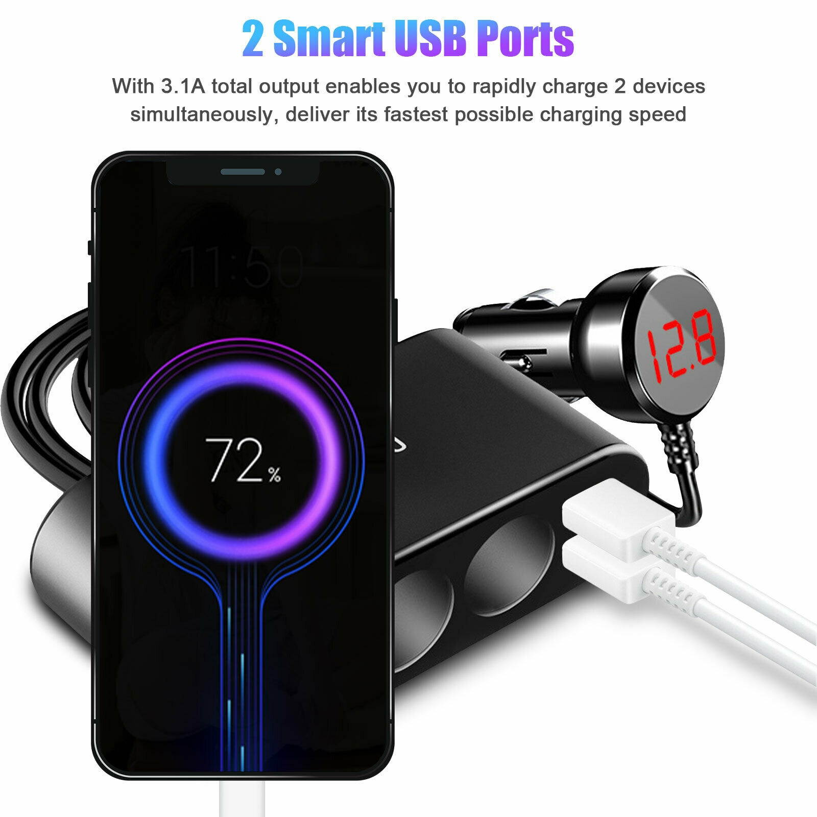 2 USB 3.1A Car Cigarette Fast Charger Lighter Socket Splitter 12V Power Adapter