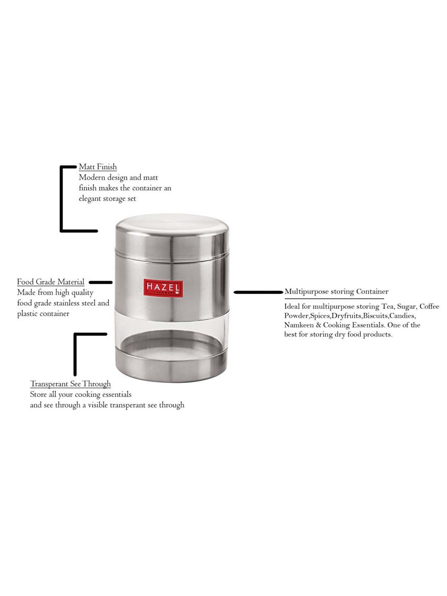 HAZEL Silver Stainless Steel Storage Container (500 ml) - Set of 1