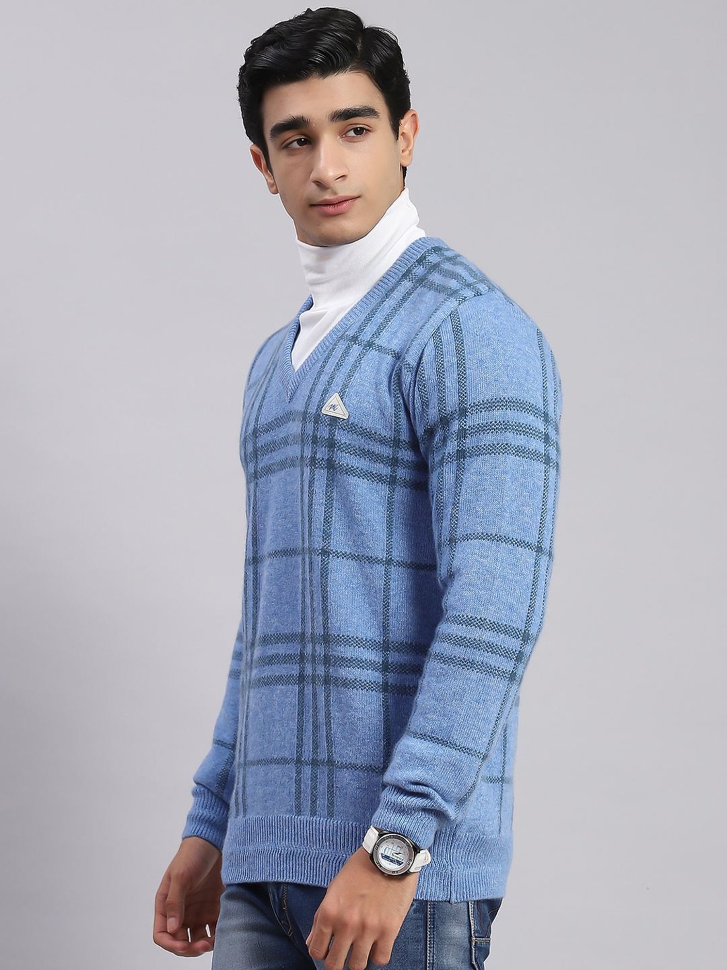 Monte Carlo Sky Blue Regular Fit Checks Sweater