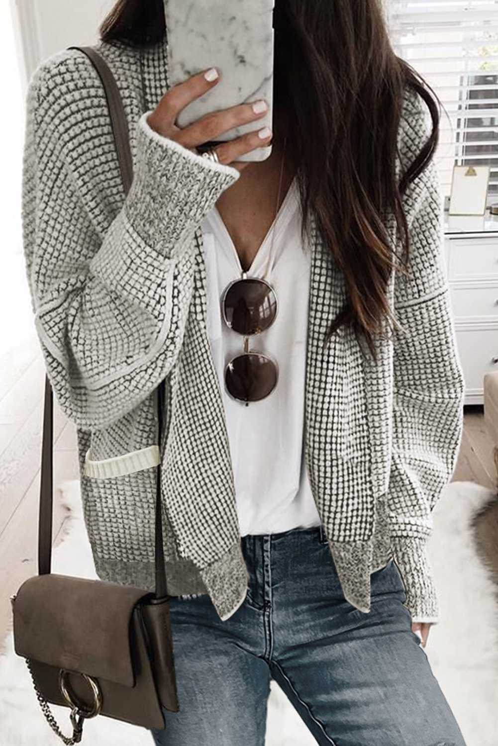 Gray Chunky Knit Pockets Drop Sleeve Cardigan