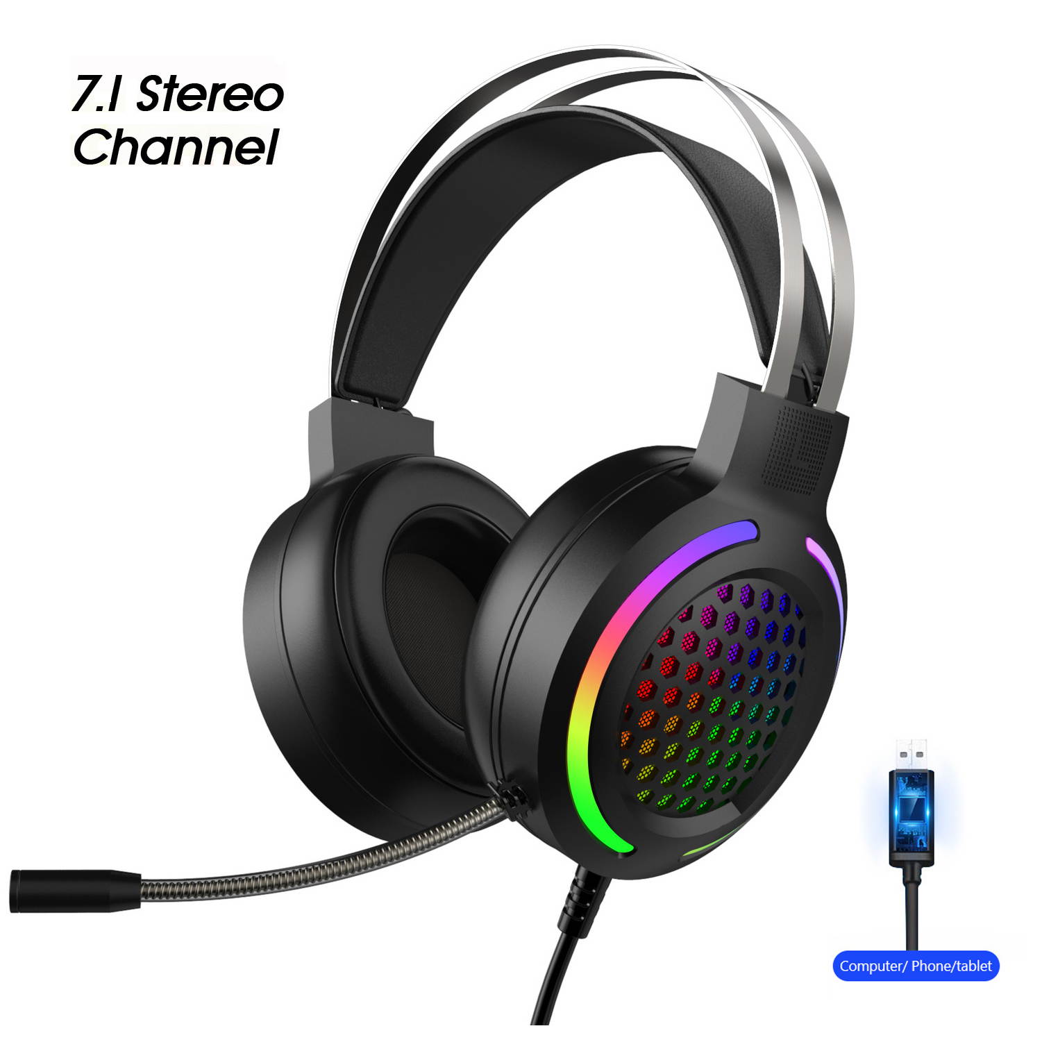 Gaming Headset Earphone Wired Gamer Headphone 7.1 Surround Stereo Sound Headsets with Mic LED light for PC Gamer (USB Plug)