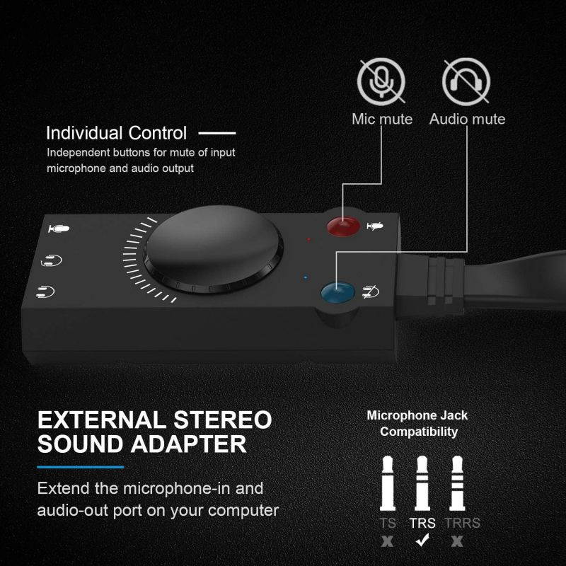 USB Sound Card,TechRise USB External Stereo Sound Adapter Splitter Converter with Volume Control for Windows and Mac,Plug & Play No Drivers Needed