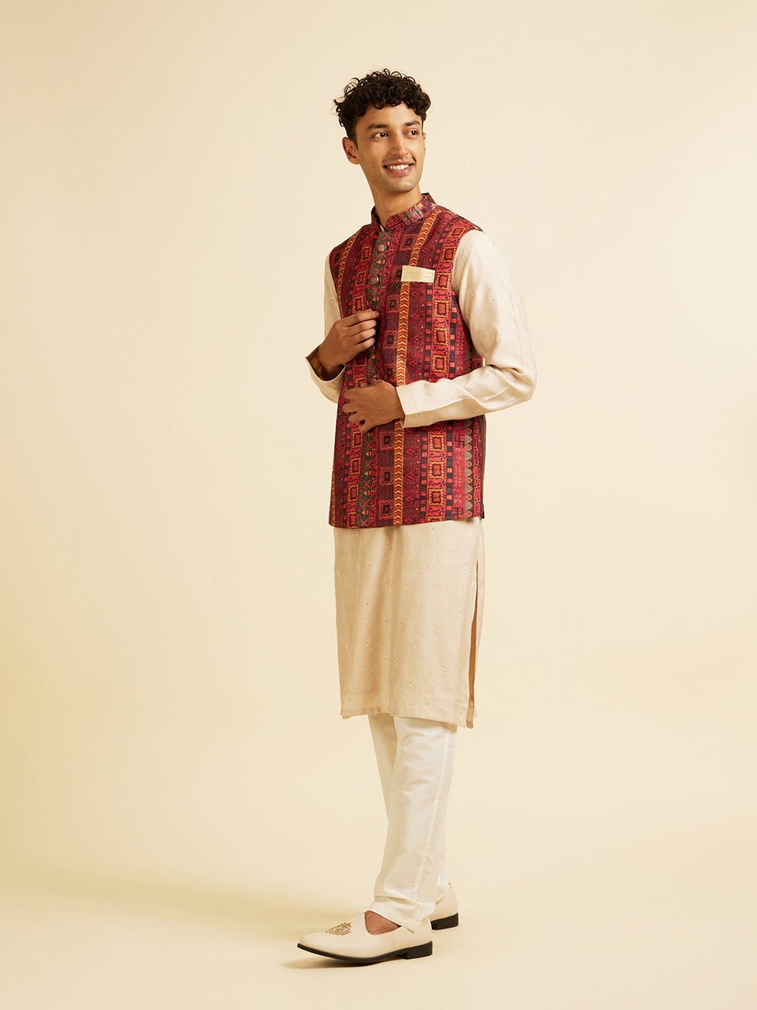 Manyavar Brown Regular Fit Printed Nehru Jacket