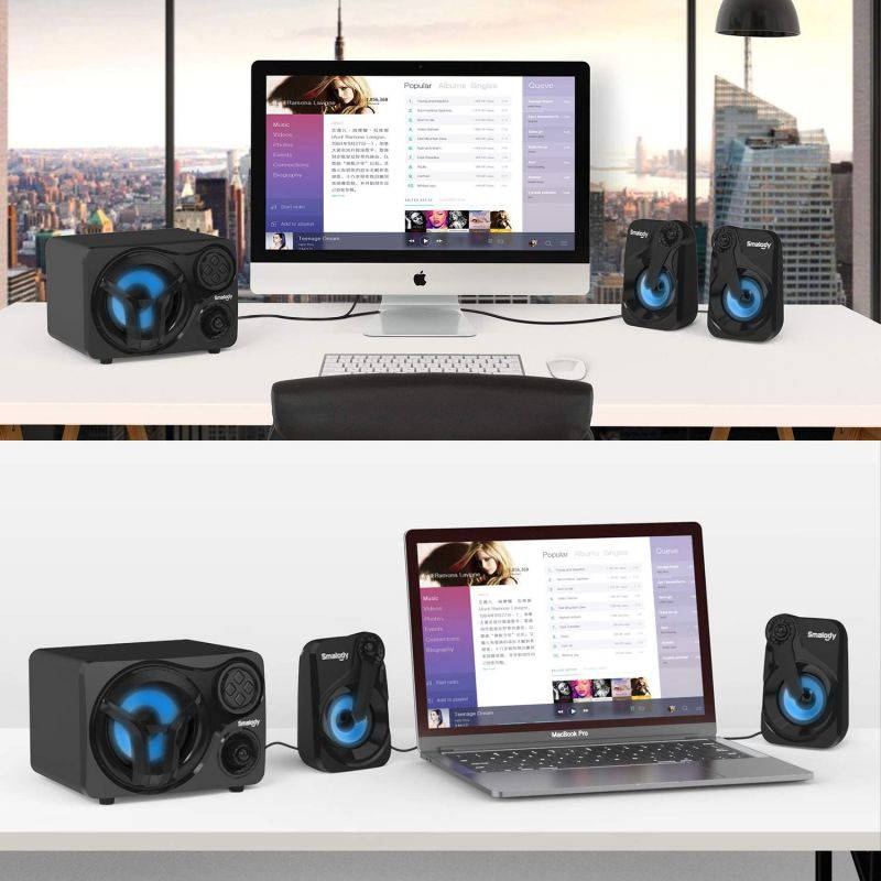 Computer Speakers with Subwoofer, 2.1 Powered Sound System, Cool Colorful LED, Multimedia Speaker with Bluetooth/Line-in/FM/USB&TF Slot, Compatible with Gaming PC, Desktop, Laptop (2.1ch)