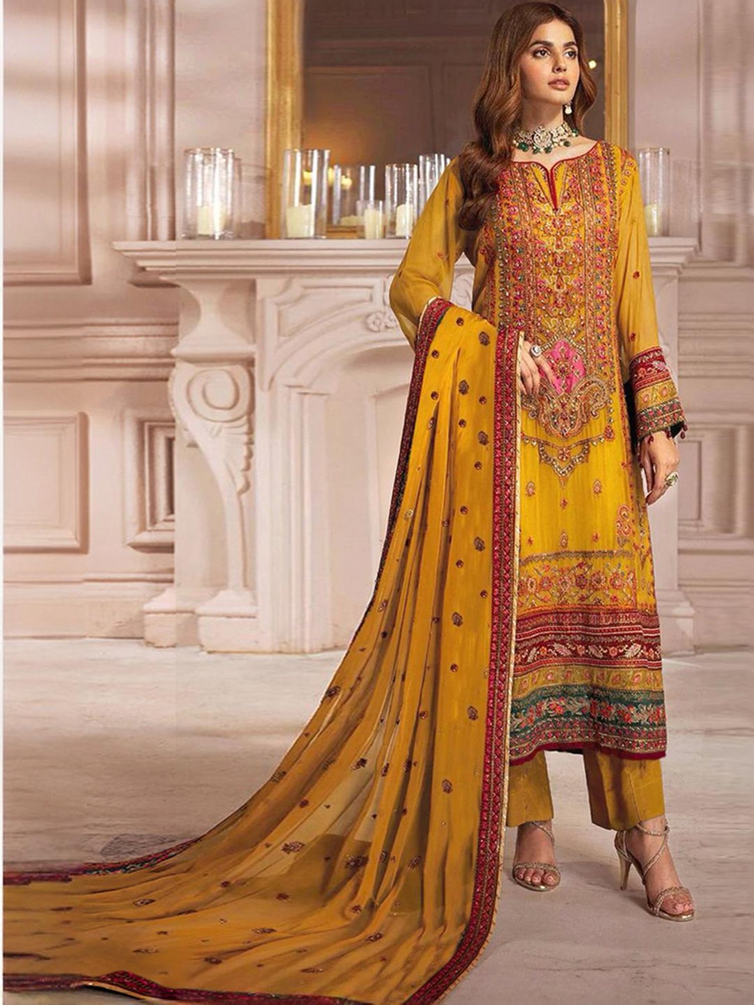 Odette Yellow Embroidered Unstitched Dress Material