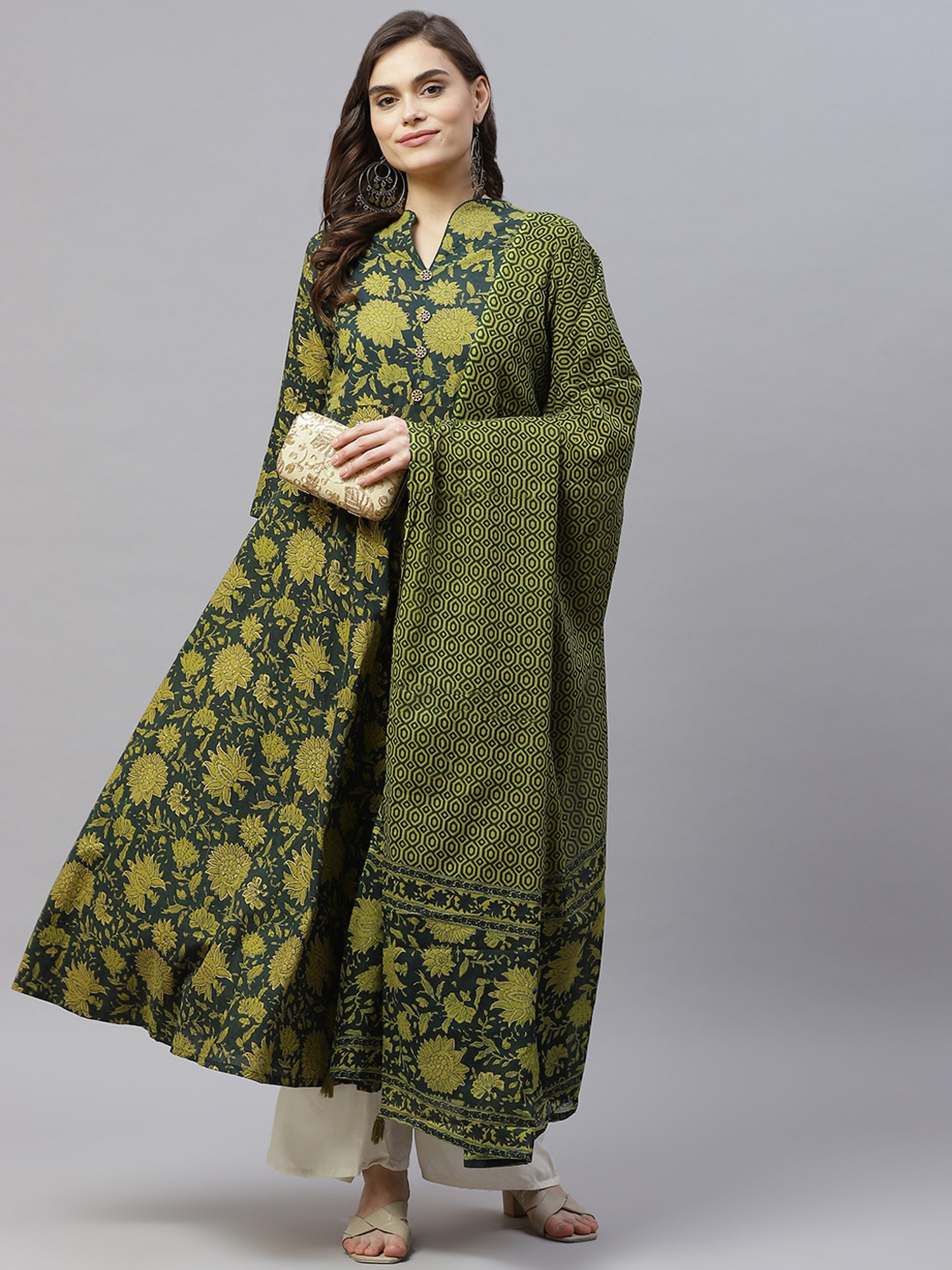 Miravan Green Floral Print Anarkali Kurta With Dupatta