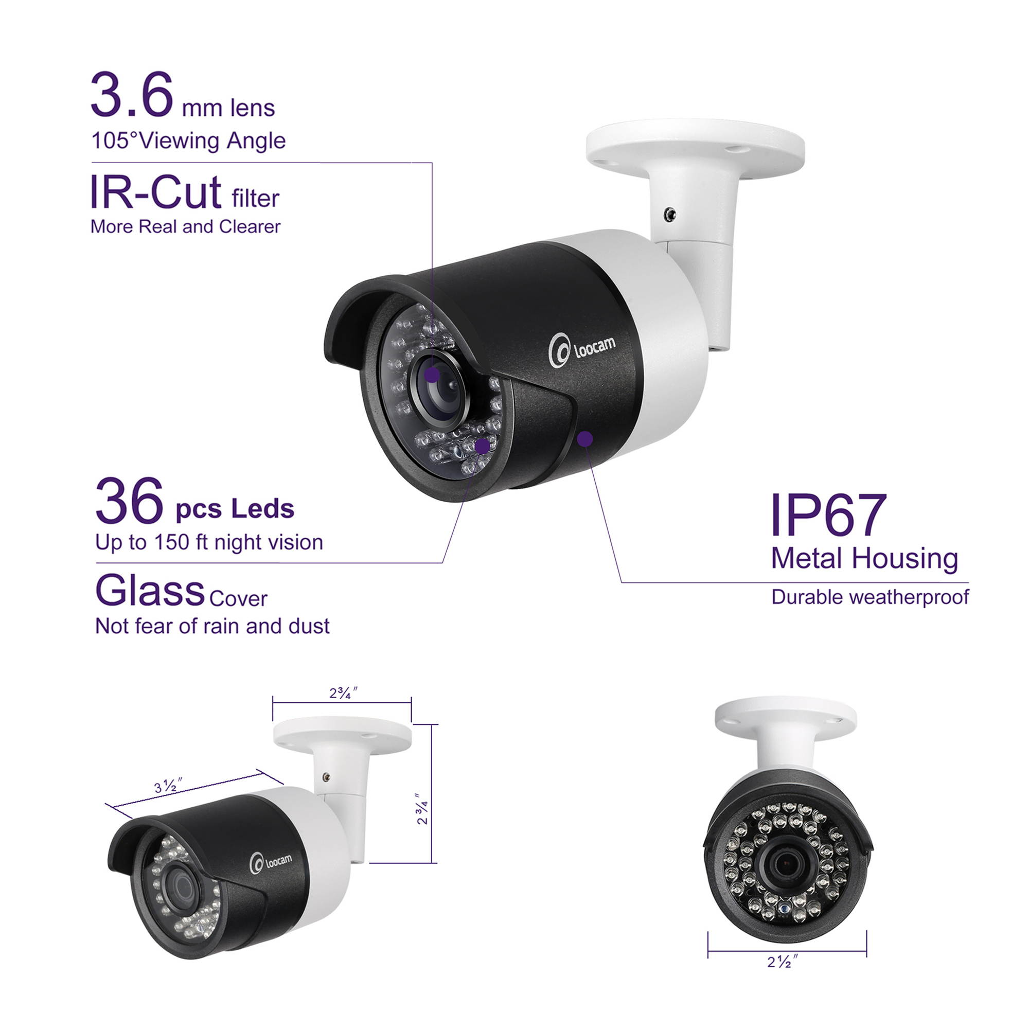 Loocam FHD 1080p Security Camera System, 8 Channel Surveillance DVR w/2TB HDD, 6 x 2MP 1920TVL IP67 Weatherproof Outdoor CCTV Camera, Automatic 150ft Night Vision, Free Andriod and iOS Loocam APP